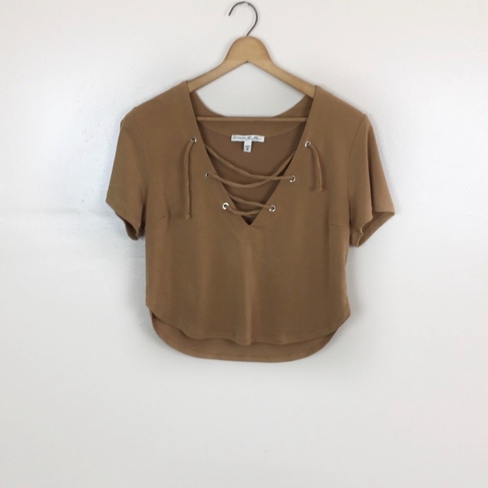 [Express] Lace Up Neckline Short Sleeve Crop Top